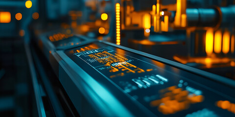 Industrial Automation with Advanced Control Panels in Orange Light, Close-Up of High-Tech Factory Conveyor System with Digital Displays  
