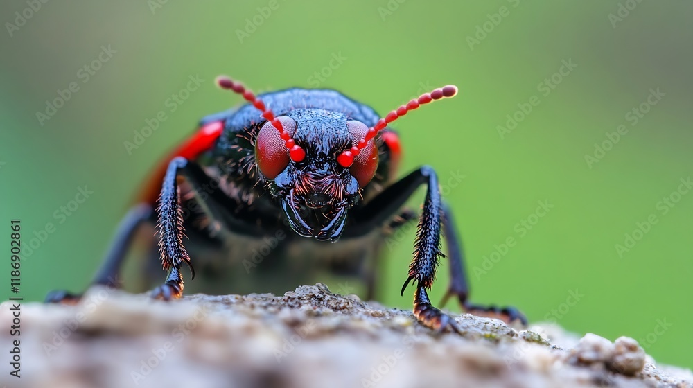 Poster close up of a black and red beetle on natural outdoor setting : generative ai