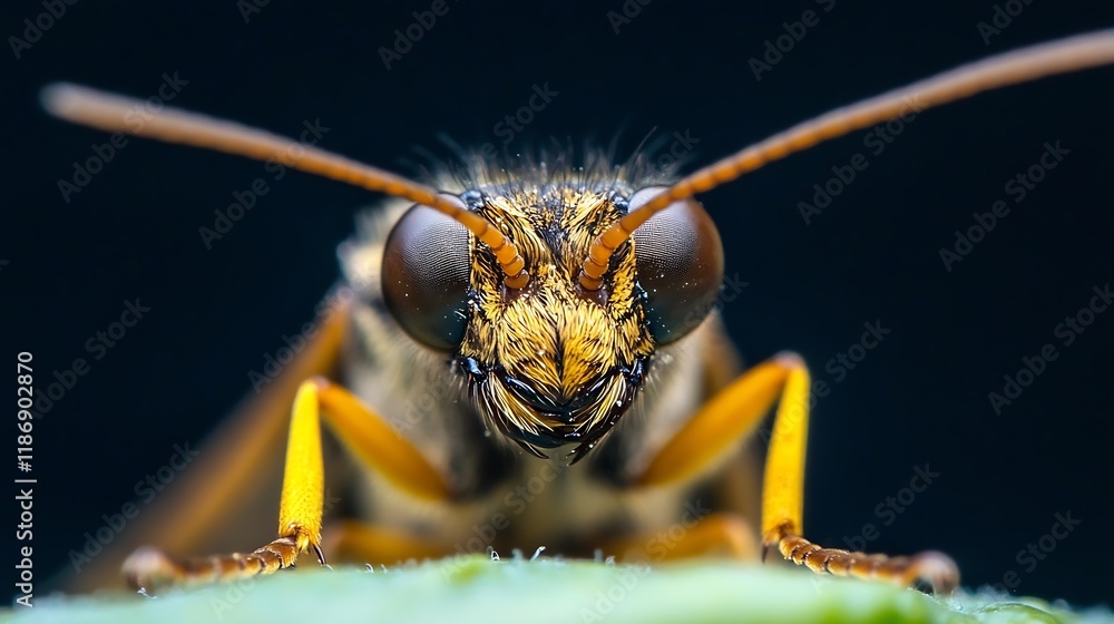Poster extreme macro of wasp face and antennae intense bug eyes on leaf surface : generative ai