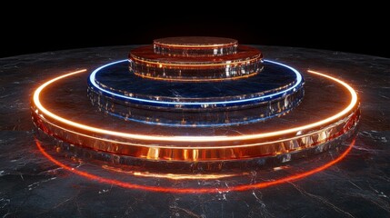 Isolated three-tiered sports podium with shiny metal surfaces, displaying the first, second, and third places, ideal for showcasing athletic achievements.