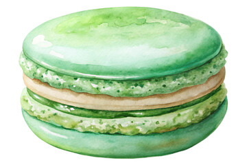 Green macaron dessert, watercolor illustration, sweet pastry art, gourmet food styling, delicious treat design.