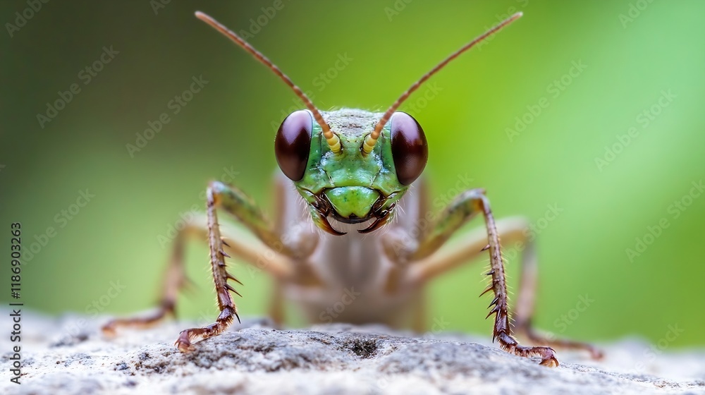 Poster close up of a curious praying mantis with big eyes on natural green blurred background : generative 