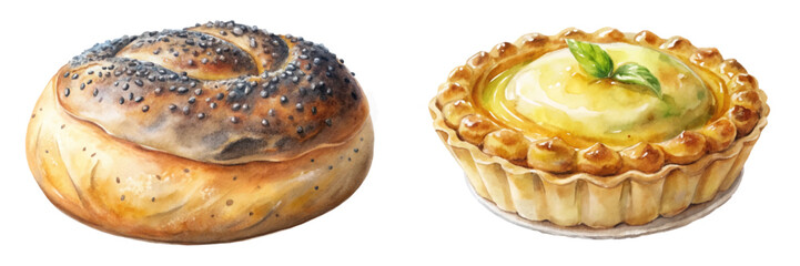 Freshly baked bread, delicious pastry, watercolor illustration, vibrant colors, food art, culinary design, bakery items.