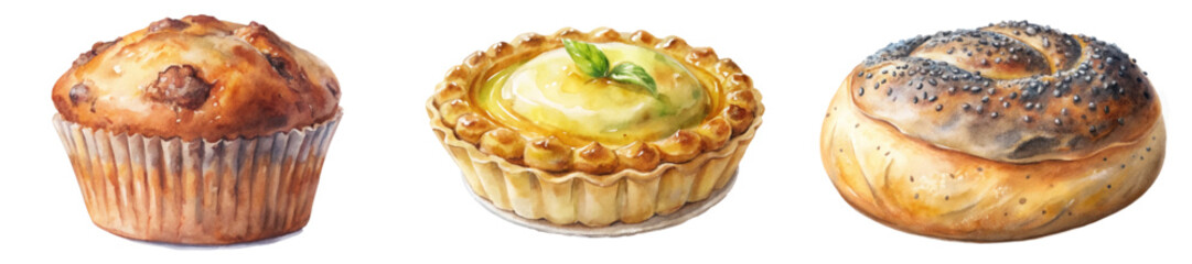 Fresh baked goods, watercolor illustration, muffin, tart, bagel, delicious pastries, vibrant colors, food art.