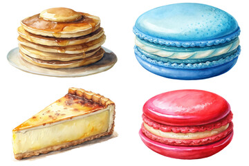 Delicious watercolor desserts, pancakes with syrup, colorful macarons, creamy cheesecake slice, vibrant food illustration.