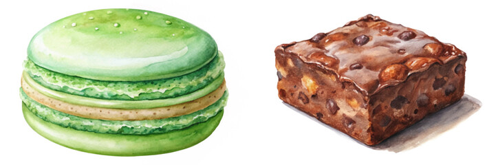 Green macaron dessert, chocolate brownie illustration, watercolor style, sweet treats, bakery art, food design.