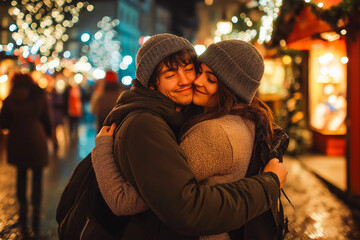 Obraz premium A young affectionate couple hugging on street at Christmas market