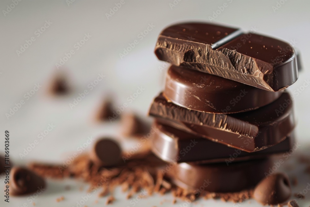 Aufkleber dark chocolate pieces stacked with morsels scattered on a light surface create an appetizing display