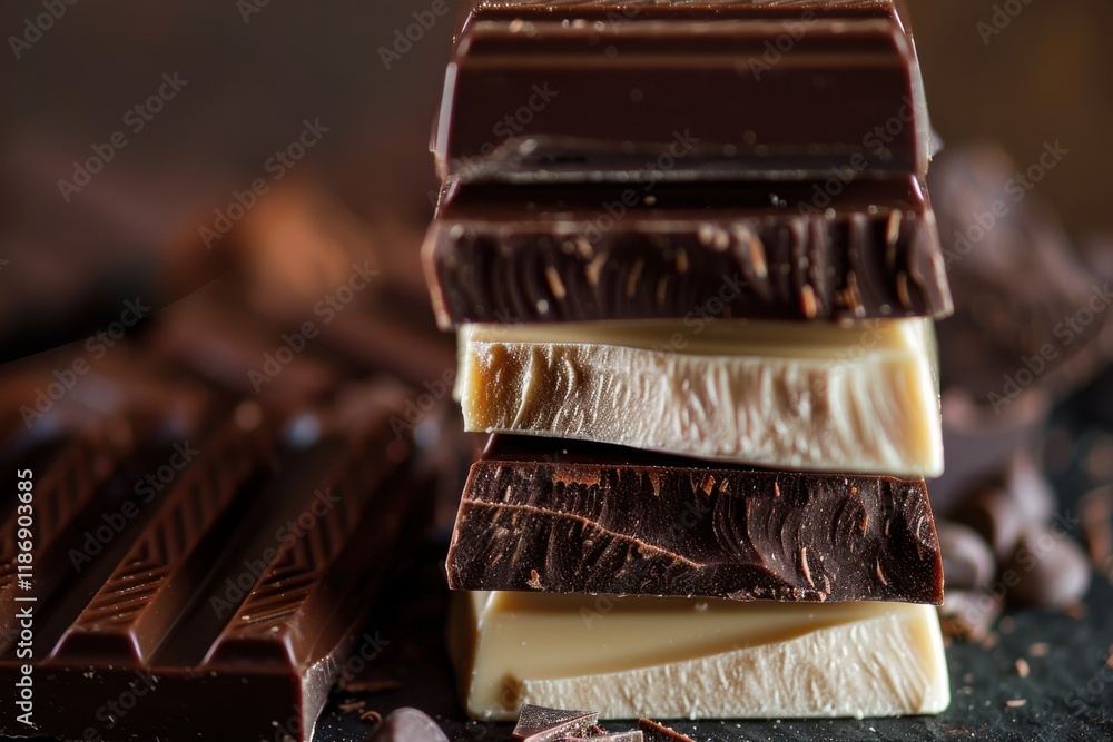 Poster various layers of dark and white chocolate stacked on a dark surface creating an enticing and delici