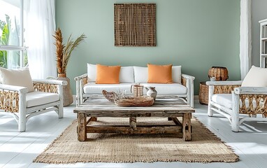 Coastal living room interior design, natural decor, sunlight