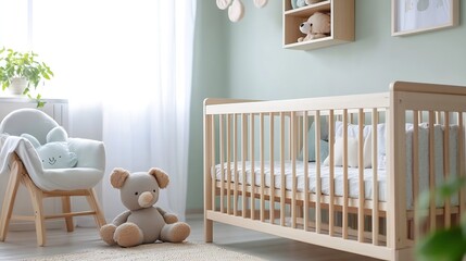 Peaceful Nursery Room with Wooden Crib and Soft Toy Decor : Generative AI