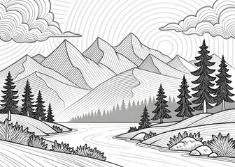 Fototapeta premium Monochrome Mountain River Landscape Nature Illustration