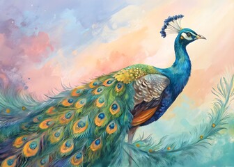 Obraz premium Majestic Peacock Painting Bird Art Colorful Feathers Nature Wildlife