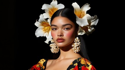 Fashion portrait of a model wearing floral accessories and bold makeup in a striking black background environment during a runway event