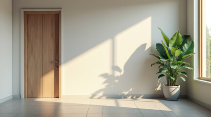 Fototapeta premium sunlit room with wood door potted plant