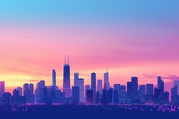 A vibrant skyline at sunset, showcasing tall buildings against a colorful sky.