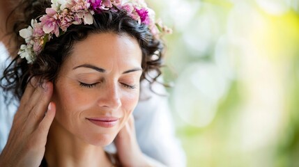 Naklejka premium Peaceful Woman with Flower Crown Enjoys Relaxing Back Massage Outdoors : Generative AI