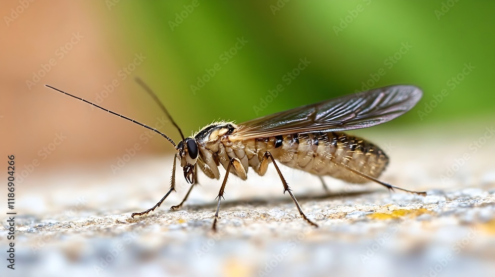 Poster Side View of Slender Flying Insect on Rock Surface with Blurred Green Background : Generative AI