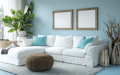 Fototapeta premium Coastal living room, white sofa, blue wall, natural decor, relaxing atmosphere, home design