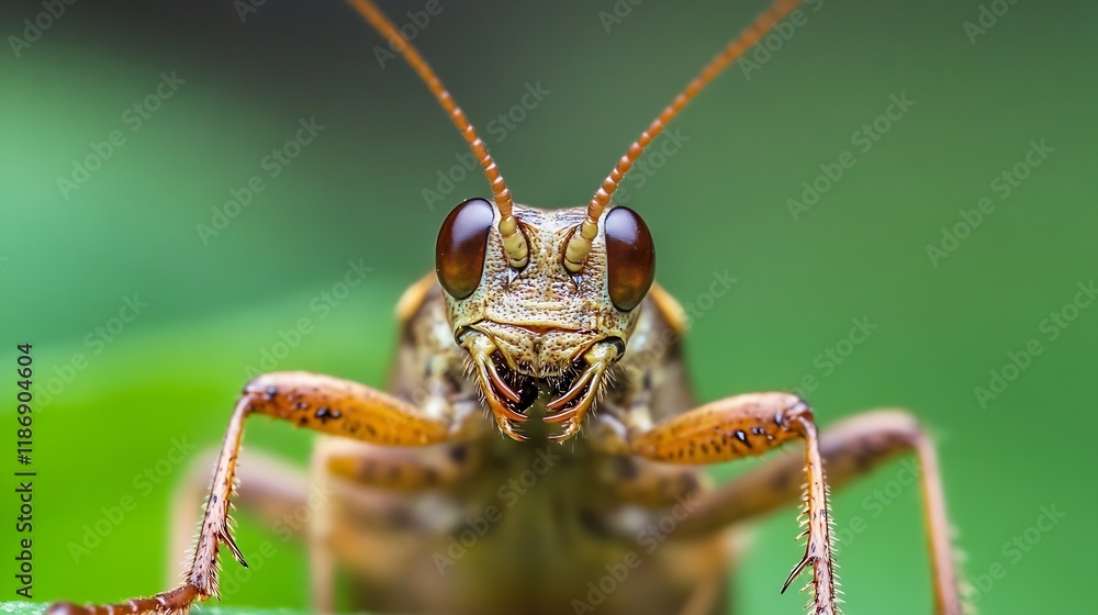 Poster close up macro shot of grasshopper on green leaf in natural habitat : generative ai