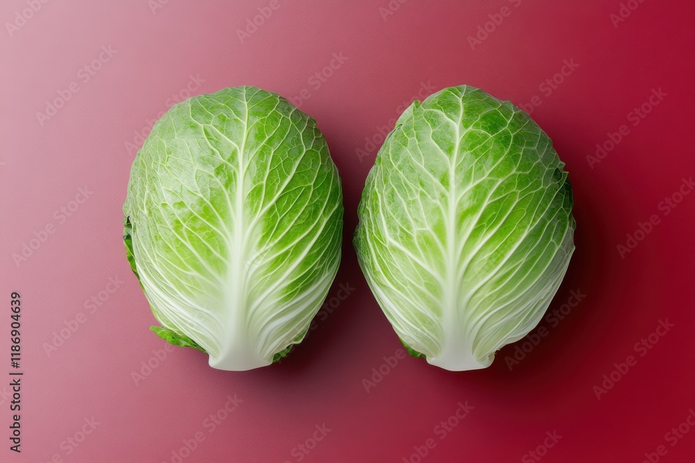 Poster fresh green cabbage heads on a red background showcasing their crisp structure and vibrant color con
