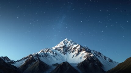 Majestic Snow Capped Mountain Peak Under a Starry Night Sky