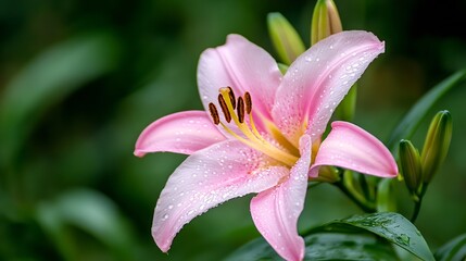 Fototapeta premium Closeup of Dew Covered Pink Lily Flower in Bloom with Green Leaves : Generative AI