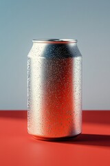 Reflective beverage can covered in condensation sits on a vibrant red surface against a soft gradient background
