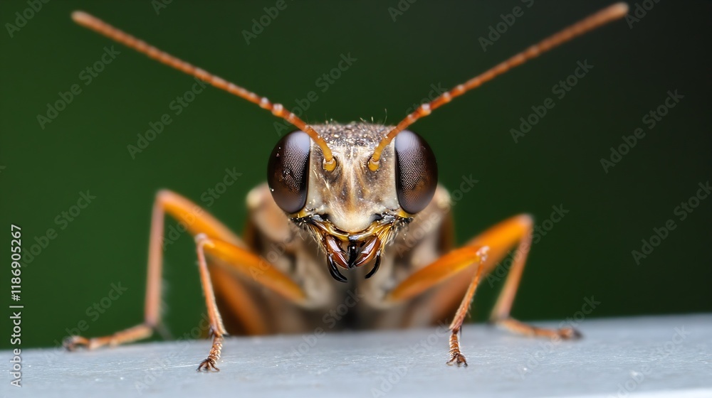 Poster Macro View of Brown Cricket with Distinct Textures and Features on Green Background : Generative AI