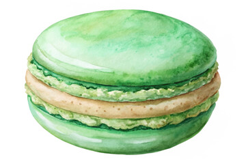 Green macaron dessert, watercolor illustration, sweet pastry art, delicious treat design, food styling.
