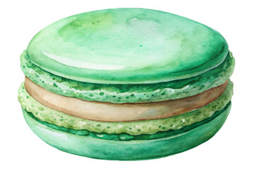 Green macaron illustration, watercolor style, dessert art, food photography, gourmet treat, culinary design.