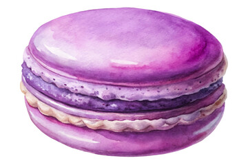 Purple macaron, watercolor illustration, sweet dessert, gourmet pastry, vibrant colors, food art, culinary delight.