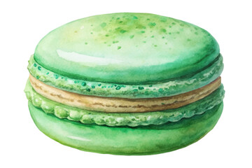 Green macaron dessert, watercolor illustration, sweet pastry art, gourmet food styling, delicious treat design.