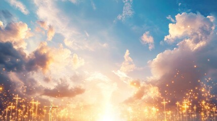 Glowing crosses and serene clouds create a peaceful atmosphere for Ascension Day reflection and celebration