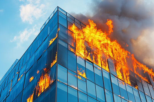Modern glass office building engulfed in flames during daylight hours showcasing a dramatic urban disaster response