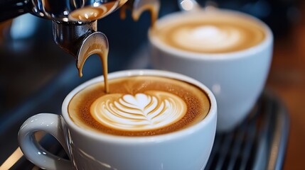 Two cups of freshly brewed latte with intricate foam art served in a modern cafe setting : Generative AI