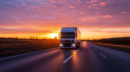 Fototapeta premium Long haul truck driving on highway at sunset reflecting vibrant orange sky : Generative AI