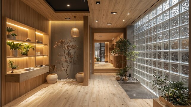 Serene spa interior with wooden floors, glass blocks, and plants.
