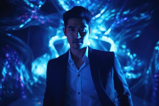 Vogue Dance Culture: Extravagant Asian Man Entering Blue Neon-Lit Stage at Ballroom Party in Fashionable Outfit