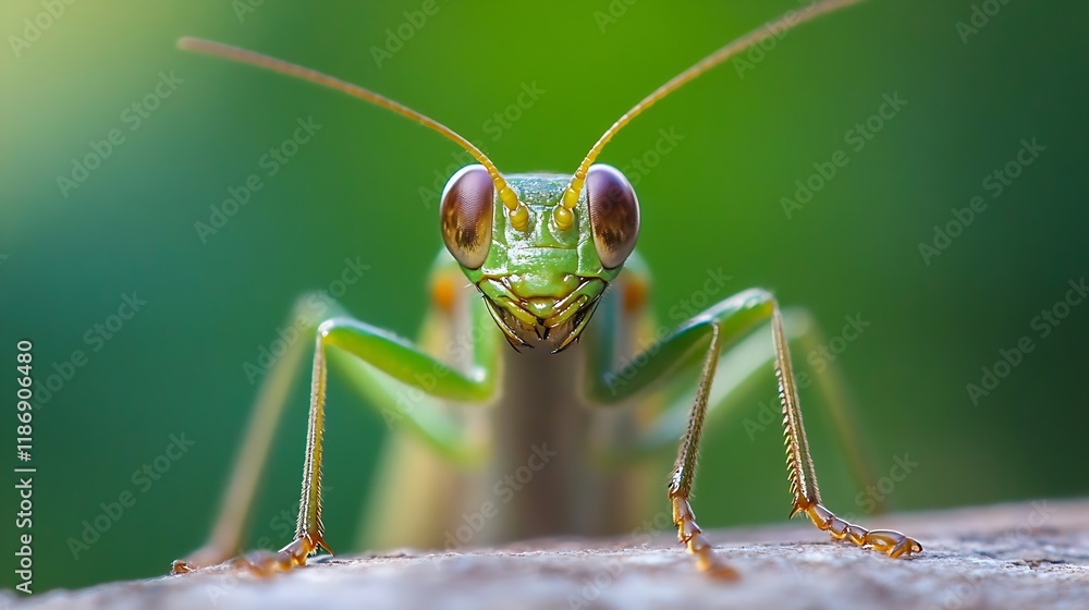 Poster macro closeup of a praying mantis on a natural green leaf background : generative ai