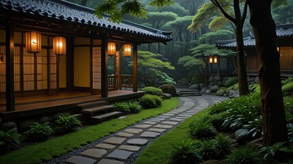 Serene Japanese garden path leading to traditional houses with lanterns.