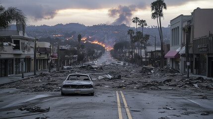 Rodeo Drive enveloped in ash showing remnants of destruction and smoke from a wildfire
