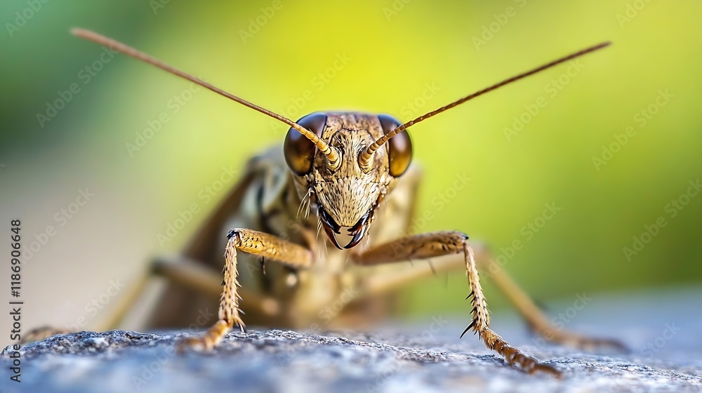 Poster vibrant closeup of a curious grasshopper on a rock in natural habitat : generative ai