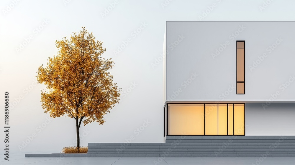 Poster a modern architectural design featuring a minimalist house with a large window and a solitary autumn