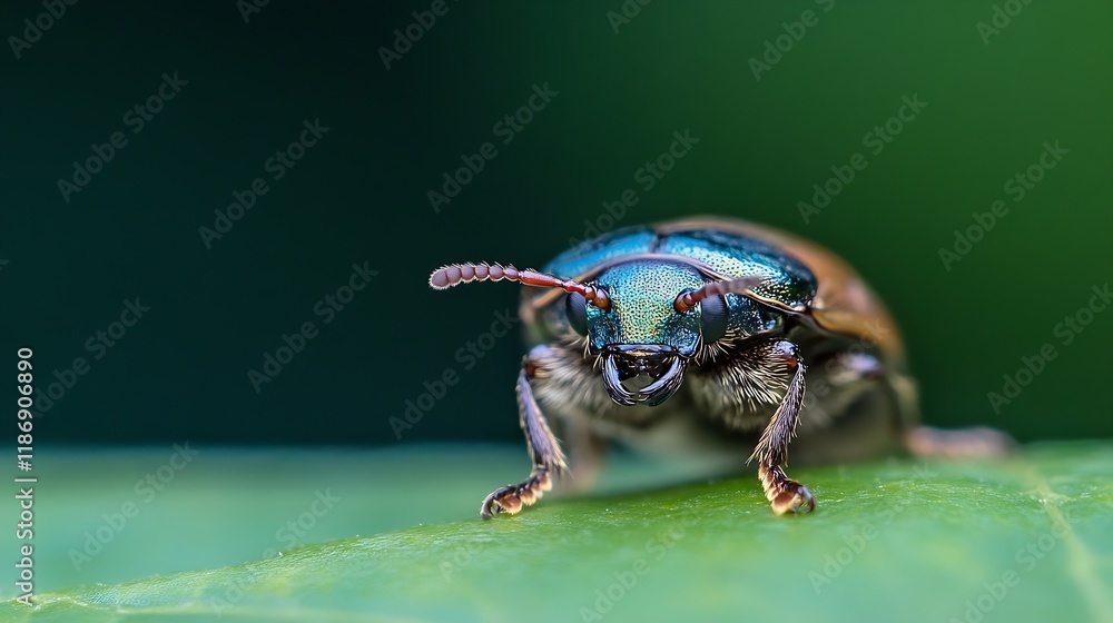 Poster closeup of shiny green beetle on leaf highlighting intricate details : generative ai