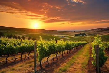 Fototapeta premium Washington State Winery at Sunset - Stunning Vineyard Landscape with Rows of Grapes in the Background