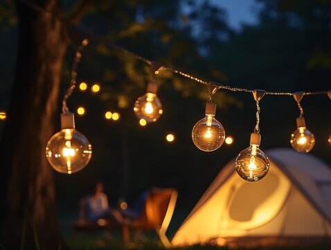 Outdoor camping setup with string lights illuminating a tent and cozy seating area under a night sky