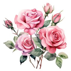 Watercolor Pink Rose Bouquet Decoration Set. Vintage Rose Illustration for Wedding Decorations and Floral Arrangements