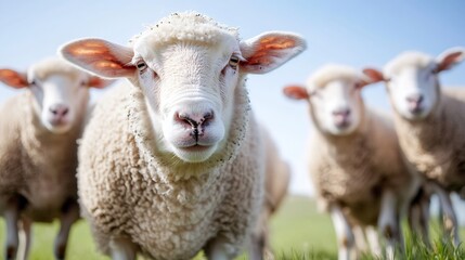 Obraz premium Close Up of Curious Sheep Standing in a Lush Green Meadow on a Bright Sunny Day : Generative AI