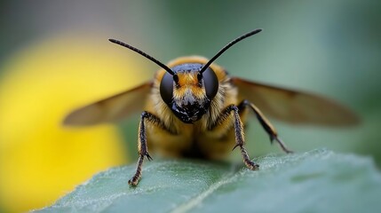 Naklejka premium CloseUp of Bee on Green Leaf with Blurred Yellow Background in Natural Setting : Generative AI